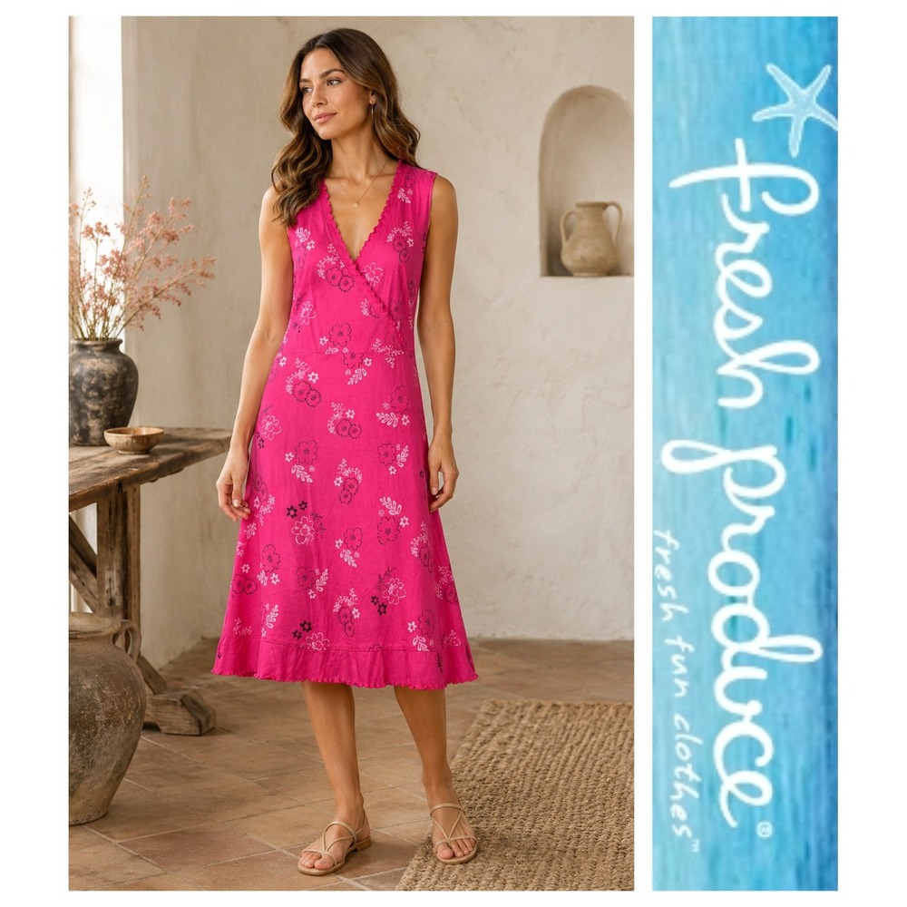 Fresh Produce Pink Floral Sleeveless Cotton Summer Dress Coastal Beach L